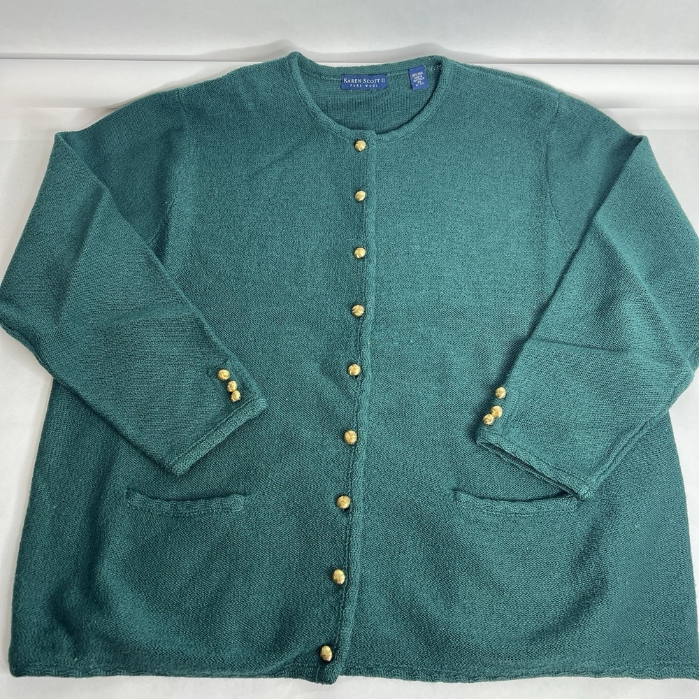 Karen Scott Cardigan Womens Green 100% Boiled Wool Gold Button Up 2X Sweater